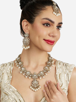 Zaveri Pearls - Antique Gold Tone Stones Bead Necklace Earring Maangtikka Set-ZPFK21745