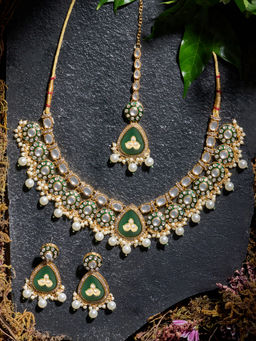 Zaveri Pearls - Green Meenakari Stones Beads Necklace Earring Maangtikka Set-ZPFK21785