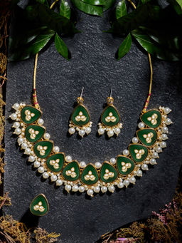 Zaveri Pearls - Green Statement Stones Pearls Drop Necklace Earring Ring Set-ZPFK21788