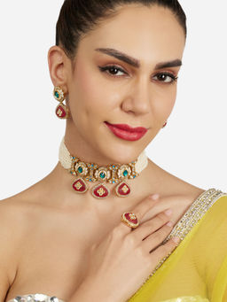 Zaveri Pearls - Multicolor Stones Diamonds Choker Necklace Earring and Ring Set-ZPFK21790