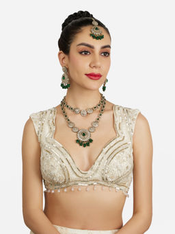 Zaveri Pearls - Green Stones Antique Layer Necklace Earring and Maangtikka Set-ZPFK21802