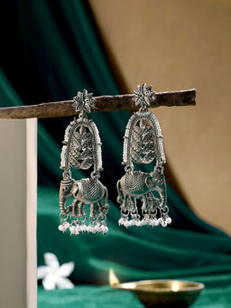 Zaveri Pearls - Silver Antique Tone Elephant Oxidised Pearls Dangler Earring-ZPFK21806