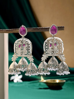 Zaveri Pearls - Purple Stones Peacock Antique Oxidised Drop Earrings-ZPFK21808