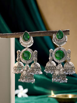 Zaveri Pearls - Green Stones Antique Oxidised Pearls Drop Earrings-ZPFK21809