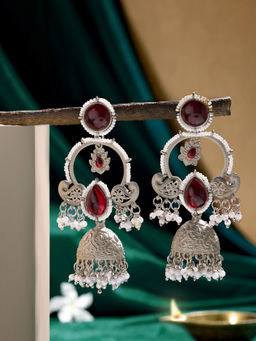 Zaveri Pearls - Red Stones Antique Oxidised Pearls Jhumka Drop Earrings-ZPFK21810