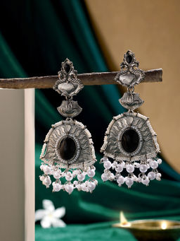 Zaveri Pearls - Black Stones Antique Oxidised Pearls Dangler Earrings-ZPFK21813