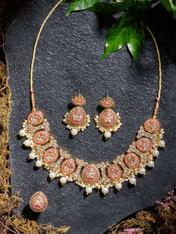 Zaveri Pearls - Pink Stones Dazzling Kundan Pearls Necklace Earring Ring Set-ZPFK21816