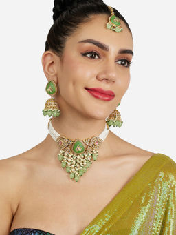 Zaveri Pearls - Green Pink Stones Beads Choker Necklace Earring and Maangtikka-ZPFK21817