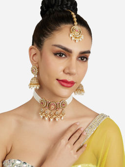 Zaveri Pearls - Pink Kundan Multistrand Choker Necklace Earring and Maangtikka-ZPFK21818