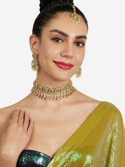 Zaveri Pearls - Green Stones Kundan Choker Necklace Earring and Maangtikka Set-ZPFK21819