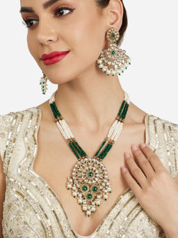 Zaveri Pearls - Green Stones Multistrand Antique Plating Necklace Earring Set-ZPFK21829