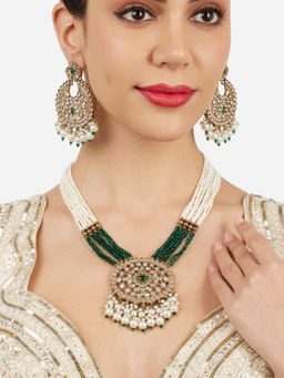 Zaveri Pearls - Green Stones Multistrand Antique Plating Necklace Earring Set-ZPFK21830