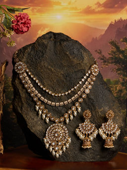 Zaveri Pearls - Gold Tone Stones Beads Bridal Multilayer Necklace Earring Set-ZPFK21833