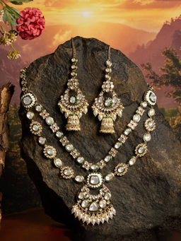 Zaveri Pearls - Green White Meenakari Stones Beads Drop Necklace Earring Set-ZPFK21836