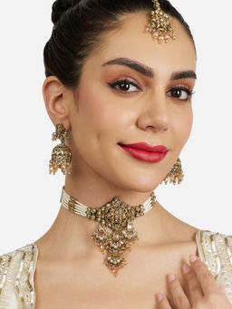 Zaveri Pearls - Gold Tone Multistrand Choker Necklace Earring Maangtikka Set-ZPFK21840