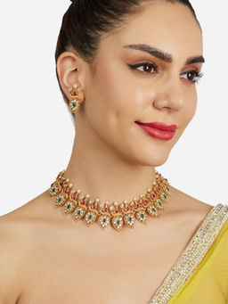 Zaveri Pearls - Pink Green Stones Peacock Inspired Necklace and Earring Set-ZPFK21841