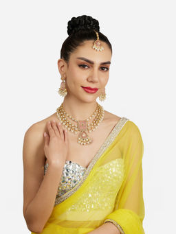 Zaveri Pearls - Pink Multistrand Kundan Bridal Necklace Earring Maangtikka-ZPFK21842