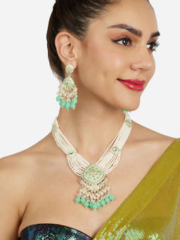 Zaveri Pearls - Mint Green Meenakari Multistrand Beaded Necklace Earring Set-ZPFK21849
