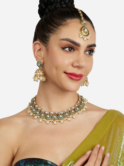 Zaveri Pearls - Green Meenakari Stones Beads Necklace Earring Maangtikka Set-ZPFK21850