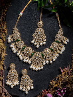 Zaveri Pearls - Green Lotus Meenakari Kundan Necklace Earring Maangtikka Set-ZPFK21853
