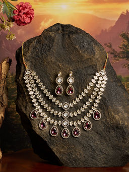Zaveri Pearls - Wine Color Dazzling Stones MultiLayer Necklace and Earring Set-ZPFK21859