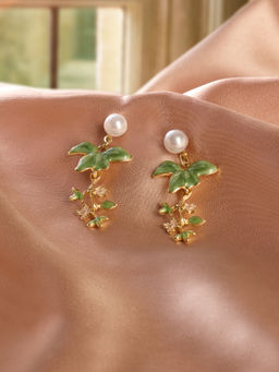 Zaveri Pearls - Green Pink Enamelling Flowers Leave Contemporary Drop Earring-ZPFK21863