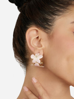 Zaveri Pearls - Pink White Enamelling Flowers Contemporary Semi Hoop Earring-ZPFK21868