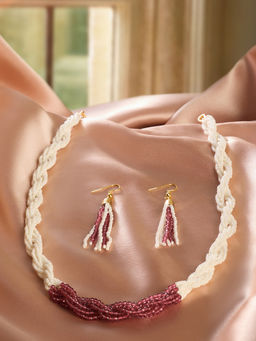 Zaveri Pearls - Maroon Multistrand Twisted Beads Fusion Necklace Earring Set-ZPFK21887
