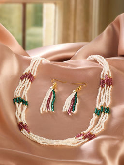 Zaveri Pearls - Maroon Green Multistrand Beaded Fusion Necklace and Earring Set-ZPFK21888