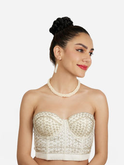 Zaveri Pearls - Off White Multistrand Plaited Beads Fusion Necklace Earring-ZPFK21889