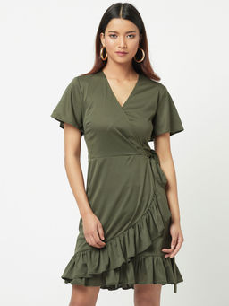 Attic Salt - Green Solid Greenish Wrap Dress