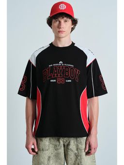 Bonkers Corner - Men Black Playboy Varsity Panel Typography Oversized T-shirt