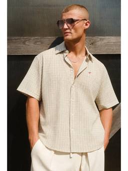 Bonkers Corner - Men Beige Rivalry Crest Checks Printed Shirt