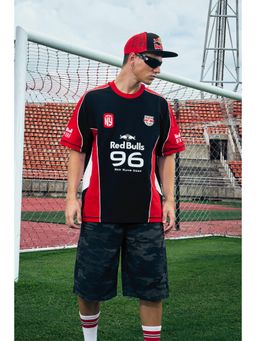 Bonkers Corner - Men Black-Red Typography Printed Oversized Polo T-shirt
