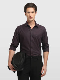 Arrow - Men Dark Brown Textured Dobby Manhattan Slim Fit Shirt