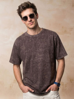 VEIRDO - Men Brown Oversized Acid Washed T-shirt
