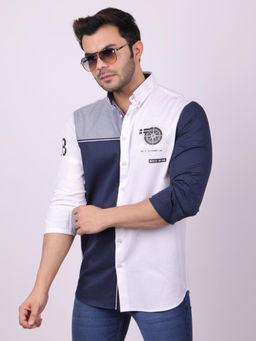 Pier seven - Men White-Navy Blue Luxe Cotton Colorblock Shirt