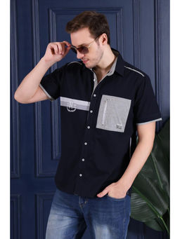 Pier seven - Men Navy Blue Urban Cotton Regular Fit Shirt