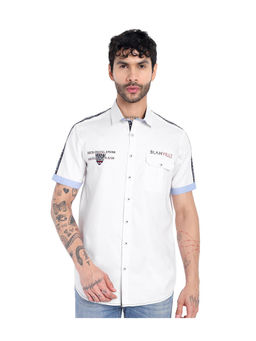 Pier seven - Men White Urban Cotton Typography Printed Regular Fit Shirt