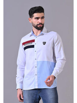 Pier seven - Men White-Blue Cotton Colorblock Regular Fit Shirt