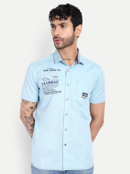 Pier seven - Men Premium Sky Blue Text Printed Casual Shirt
