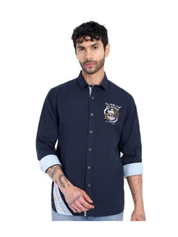 Pier seven - Men Navy Blue Luxe Cotton Embroidered Shirt