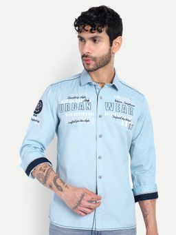 Pier seven - Men Light Blue Typography Regular Fit Full Sleeves Shirt