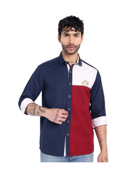Pier seven - Men Navy Blue Luxe Cotton Colorblock Regular Fit Shirt