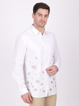 Pier seven - Men White Cotton Embroidered Regular Fit Shirt
