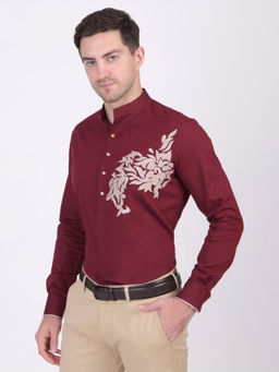 Pier seven - Men Maroon Polycotton Embroidered Slim Fit Shirt