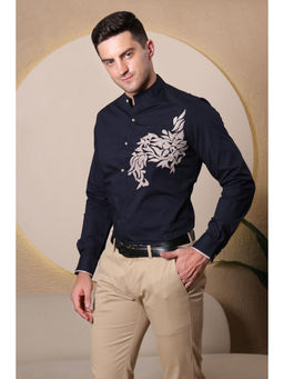 Pier seven - Men Navy Blue Polycotton Embroidered Slim Fit Shirt