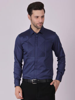 Pier seven - Men Navy Blue Signature Self Design Slim Fit Shirt