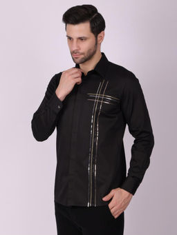 Pier seven - Men Black Cotton Sequined Slim Fit Shirt