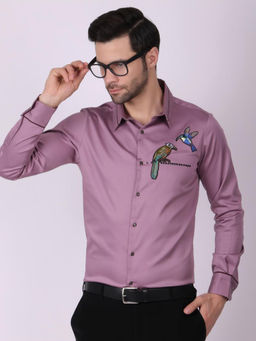 Pier seven - Men Purple Embroidered Signature Cotton Blend Shirt